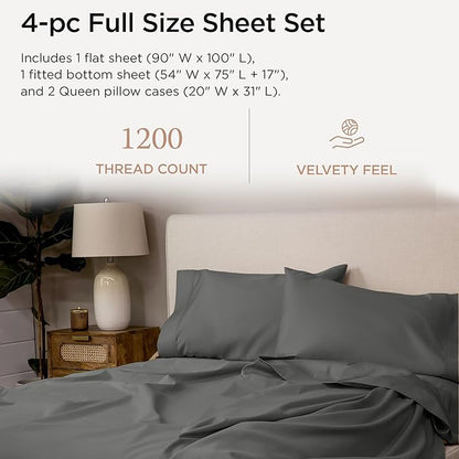 Threadmill Luxury Supima Cotton Sheets, Luxury 1200 Thread Count Soft 100% Cotton Sheets for Full Size Bed, 4 Pc Dark Grey Bed Sheets Full Set, 5-Star Hotel Quality Deep Pocket Bed Sheets Set