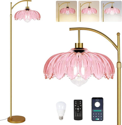 Floor Lamp for Living Room,Bedroom,Gold Dimmable Standing Lamp with Remote,Mid Century Modern Brass Tall Lamp Retro Vintage Pink Glass Lamp Floor Light Boho Bohemian