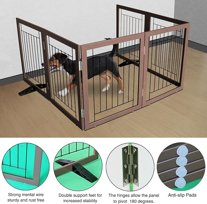 ZJSF Freestanding Dog Gate Indoor, Foldable Dog Fence for Doorways,Hallways or Stairs, Sturdy Wood Extra Wide Pet Gate with Support Feet,Brown,24 "Height-6 Panels