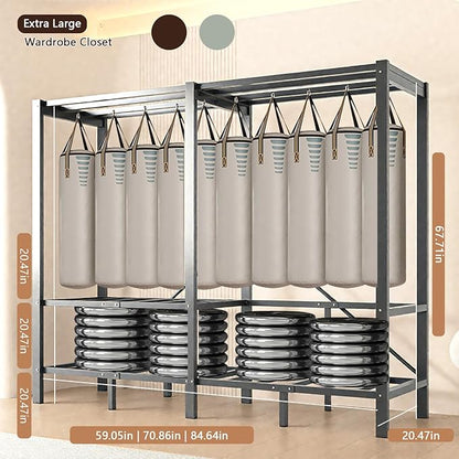 Foldable Portable Wardrobe Closet with Cover, Heavy Duty Clothing Rack for Hanging Clothes has 59in Vertical Storage Space, Coffee Metal Garment Rack (Coffee, 59.05in)