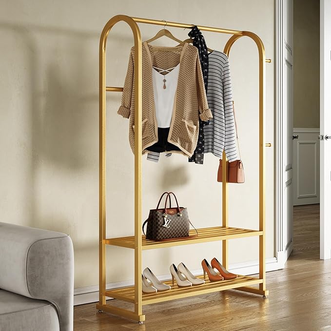 Gold clothing rack,Heavy duty clothes rack with shelves,Metal garment rack for hanging clothes,Wardrobe rack for Boutique, Retail or Home