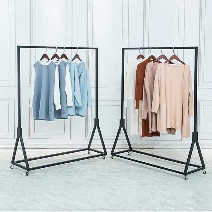 Modern Simple Heavy Duty Metal Rolling Clothing Garment Rack with Wheel,Creative Commercial Wedding Dress Display Shelf,Single Rod Floor-Standing Clothes Hangers (Black without Wood, 47.2" L)