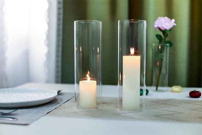 CYS EXCEL 2 PCS (H:10" D:3") Open Ended Glass Hurricane Candleholder Tube Shade | Multiple Size Choices Open Flame Candle Chimney Tube Cover | Bottomless Cylinder