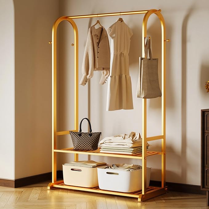 Sturdy heavy duty clothes rack,Gold clothing rack with bottom shelves and 6 side hooks,Metal garment rack for hanging clothes