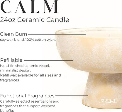 Blueme Calm Candle | Osmanthus & Sandalwood | 5 Wick - Refillable Wellness Candle with Essential Oils, Hand Finished & Poured Soy Wax Blend Ceramic Vessel, Natural Cotton Wicks | Large 24 oz