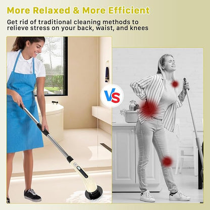 Electric Spin Scrubber, Cordless Cleaning Brush, Shower Scrubber with 7 Replaceable Brush, 2 Speeds and Adjustable Extension Handle for Bathroom Shower Bathtub Glass Car(Beige)