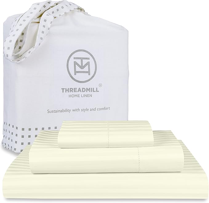 Threadmill 100% Cotton Sheets for Twin XL Size Bed - 600 Thread Count Twin XL Bed Sheets Set with 15” Deep Pocket - Damask Stripe Sateen Weave 3-Piece Bedding Set with Cooling Effect, Ivory