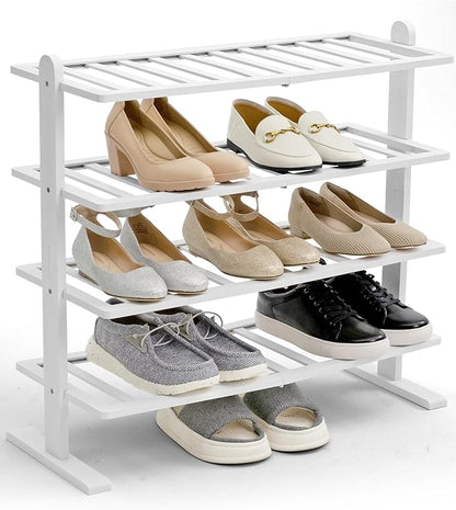 Varhomax White Shoe Rack, 4-Tier Bamboo Shoe Rack Organizer for Closet and Entryway, Thick Wooden Free Standing Shoe Shelf for Small Spaces, Sturdy & Versatile for Bedroom and Garage