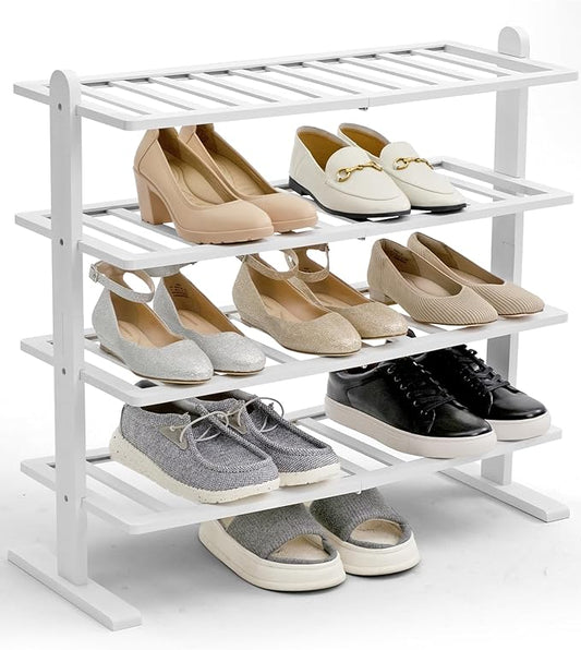 Varhomax White Shoe Rack, 4-Tier Bamboo Shoe Rack Organizer for Closet and Entryway, Thick Wooden Free Standing Shoe Shelf for Small Spaces, Sturdy & Versatile for Bedroom and Garage