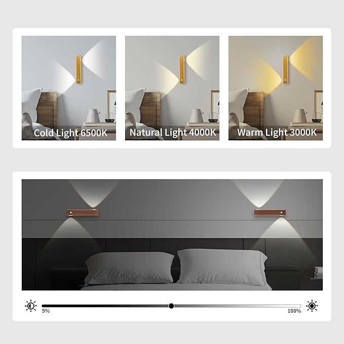 Motion Sensor LED Night Lights, 2500 mAh Rechargeable Battery Operated Indoor Wall Light Without Power Connection with Switch, Wireless Wall Lighting Battery for Cabinet Bedroom Stairs (Gold)