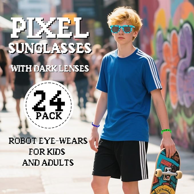 24Pack Pixel Theme Party Favors, 12 Sunglasses and 12 Bracelets for Kids Adults Birthday Party Decorations Supplies