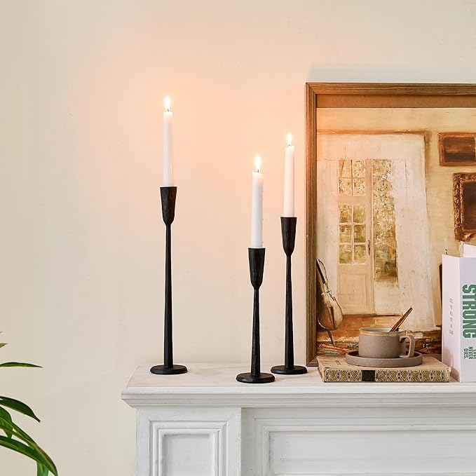 Cast Iron Taper Candle Holder Set of 3, Vintage Candlestick Holders Decorative Candle Stand, Tapered Candle Holders Tall Set for Wedding, Holiday, Home Decor, Christmas Decoration (Black)