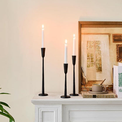 Cast Iron Taper Candle Holder Set of 3, Vintage Candlestick Holders Decorative Candle Stand, Tapered Candle Holders Tall Set for Wedding, Holiday, Home Decor, Christmas Decoration (Black)