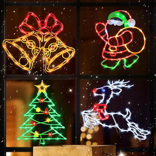 Christmas Decorations - 16" Christmas Window Silhouette Lights - 4 Pack Colour Lighted Santa & Bell & Reindeer & Christmas Tree for Holiday Indoor and Outdoor Wall Door Window Decorate