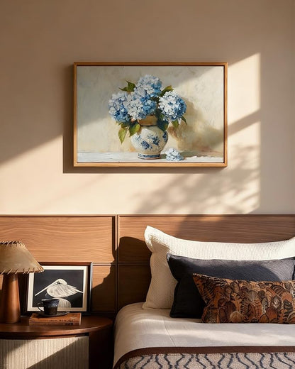 InSimSea Vintage Framed Canvas Art, Vintage Blue Hydrangea Painting, Hand-Painted Floral Textured Artwork for Dining Living Room Hallway,16x24in,Classical Still Life Wall Shelf Decor Aesthetic