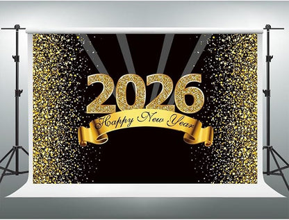 YongFoto 2026 Happy New Year Backdrop 8x6.5ft Black Gold Photography Background Merry Christmas Night Festival Carnival Celebration Party Banquet Decor Banner Photoshoot Wallpaper Photo Booth