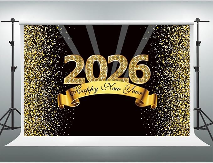 YongFoto 2026 Happy New Year Backdrop 15x10ft Black Gold Photography Background Merry Christmas Night Festival Carnival Celebration Party Banquet Decor Banner Photoshoot Wallpaper Photo Booth