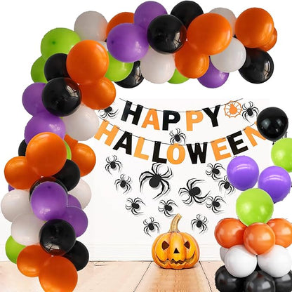Halloween Balloons w/Ribbon 100 Pack 12 Inch Black Orange White Purple Green Balloons for Halloween Party Decorations