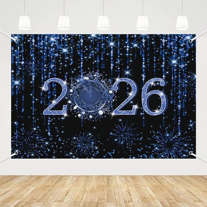 MEHOFOND 7x5ft Black and Blue 2026 New Year Backdrop Cheers to 2026 Photography Background Hello 2026 Dripping Glitter Dots Fireworks Clock Decor Time to 2026 New Year Eve Cake Smash Photo Props