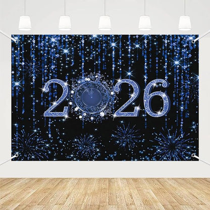 MEHOFOND 7x5ft Black and Blue 2026 New Year Backdrop Cheers to 2026 Photography Background Hello 2026 Dripping Glitter Dots Fireworks Clock Decor Time to 2026 New Year Eve Cake Smash Photo Props