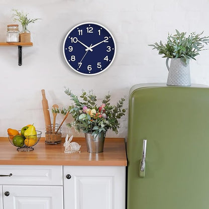 Wall Clock, 10 Inch Silent Wall Clocks Battery Operated-Modern Non Ticking Analog Clock Decorative for Kitchen Bedroom Office Bathroom(Navy Blue)