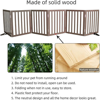 Dog Gate Indoor, Freestanding Dog Fence for The House, Doorways, Hallways,or Stairs,Pet Gate Foldable Wooden,Expandable 32" Height 6 Panels,Brown