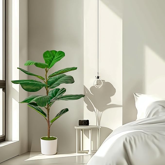 Artificial Mini Fiddle Leaf Fig Tree 31.5 Inch, Fake Plants Indoor Artificial Tree, Faux Fig Trees in White Pot for Housewarming Office Desk Home Green Decor