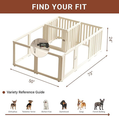 Transparent 17-Panel Dog Playpen, Acrylic Indoor/Outdoor Puppy Pen for Small & Medium Dogs, 24 Inch with Door, White(Ventilated Design 74 * 50 Two Rooms,24 inch)