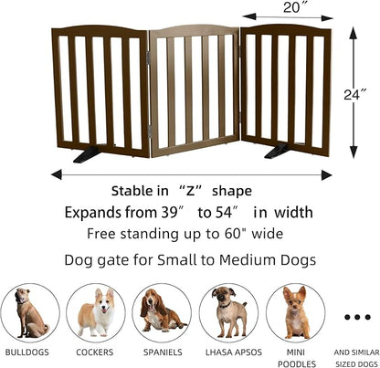 ZJSF Foldable Freestanding Indoor Dog Gate for House Wood Long Pet Gates Dog Fence for Stairs Puppy Gates for Hallways, Puppy Gate,Support Feet Included, Brown, 24 "Height-3 Panels