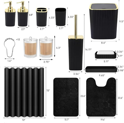 Bathroom Set with Shower Curtain and Rugs- 25PC Bathroom Accessory Set, Black Shower Curtain Set, Toilet Brush, Trash Can, Qtip Holder Dispenser & Soap Dispenser