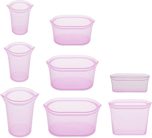 Zip Top Reusable Food Storage Bags | Full Set of 8 [Lavender] | Silicone Meal Prep Container | Microwave, Dishwasher and Freezer Safe | Made in the USA