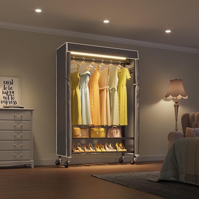 VIPEK R3LC Clothes Rack with Cover, Heavy Duty Garment Rack with Dimmable LED Lights, Rolling Portable Closet for Hanging Clothes Metal Clothing Rack with Wheels, Black Rack with Grey Cover