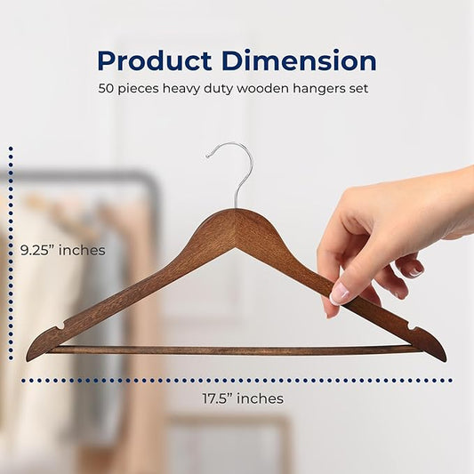 SereneLife Wooden Hangers 50 Pieces Heavy Duty Vintage Finish Clothes Hanger Set with 360° Swivel Hook Non Slip Notches Pants Bar Elegant Space Saving Wardrobe for Closet Organization