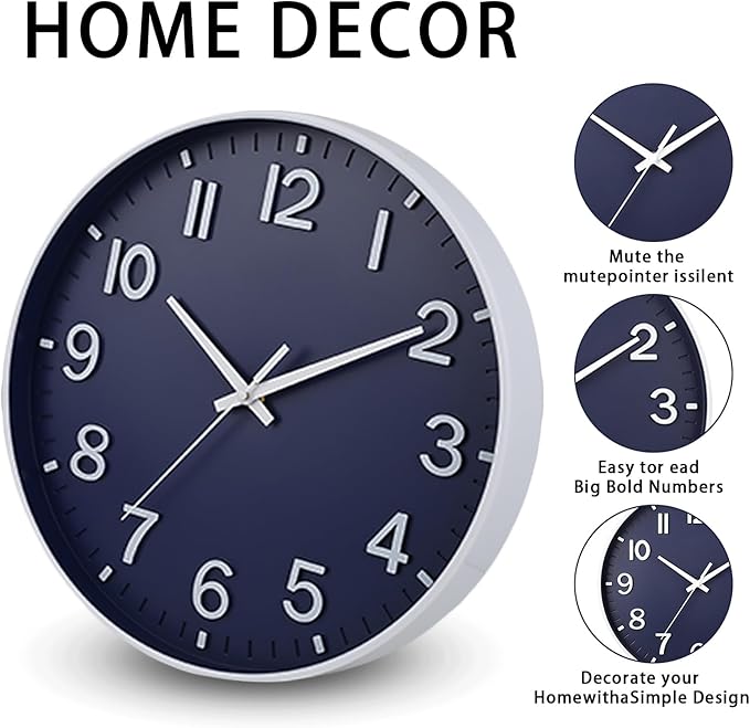 HZDHCLH Wall Clocks Battery Operated,Wall Clock Navy Blue,8 inch Wall Clock Silent Non Ticking Modern 3D Numbers for Kitchen Bedroom Living Room Office Classroom Decor