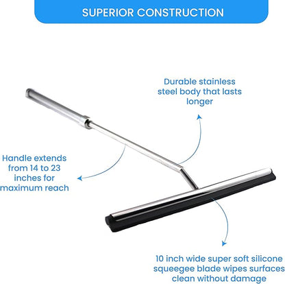 Shower Squeegee with Long Handle and Adhesive Hook. for Glass Doors, Tile Walls, Mirrors and Windows. Telescoping Squeegee for Cleaning. Bathroom Stainless Steel Squeegee, 10inch Wide, Chrome – 1pk