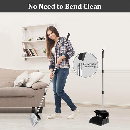 Broom and Dustpan Set, 51" Long Handle Broom with Dustpan Combo Set, Windproof Standing Dust pan with Self-Cleaning Teeth, Household Set Sweep Kitchen Office Lobby Pet Room