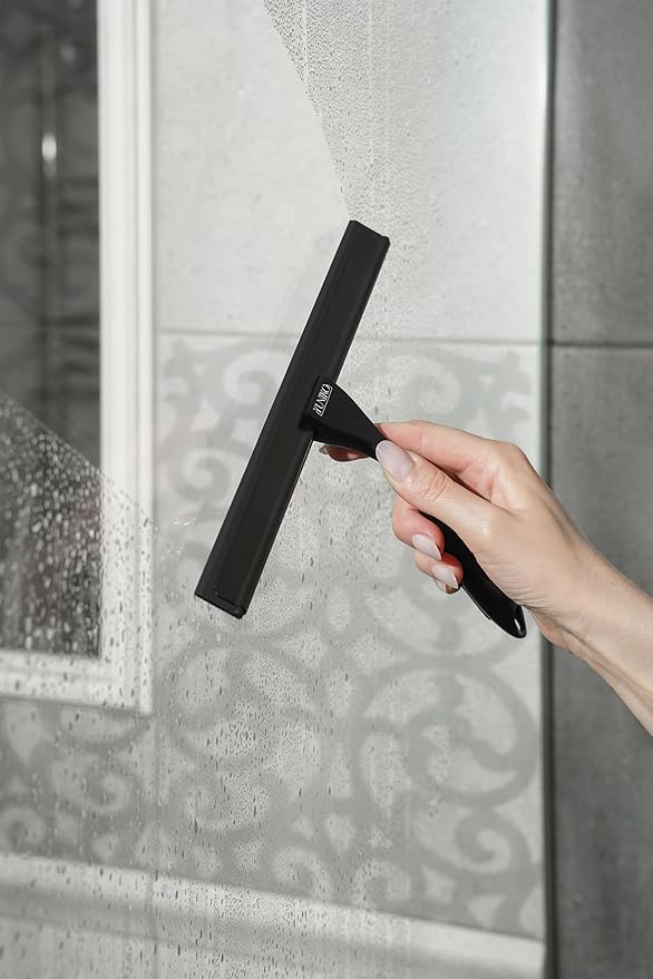 YUNIKO Shower Squeegee – Black Stainless Steel with Silicone Blade for Shower Doors, Windows, Mirrors, Tiles & Car Windows – Includes 2 Adhesive Hooks, Assembly Tool & Microfiber Cloth