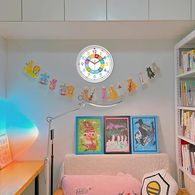 XFM Learning Clock for Kids Silent Non Ticking Battery Operated Colorful Teaching Time Clock 14 Inch Decorative Small Analog Clock for Kids Room Classroom School Playroom