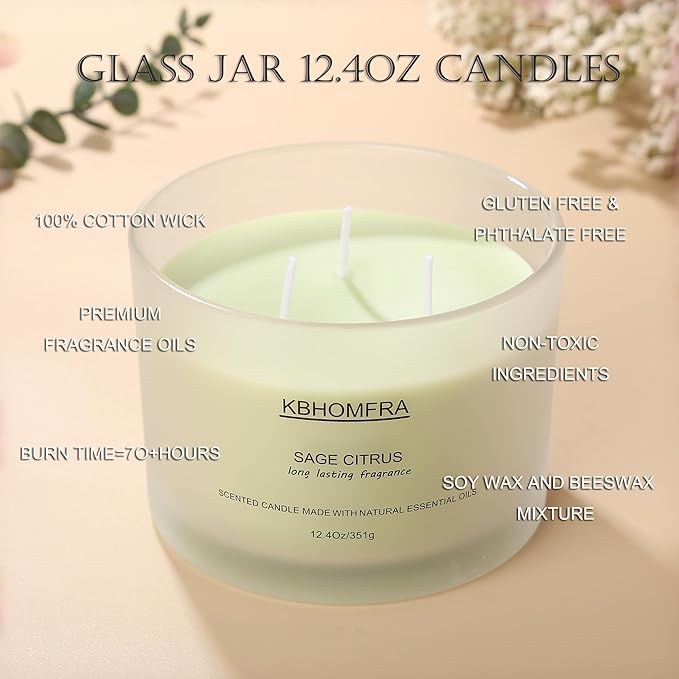 Scented Soy Wax Candle, 12.4 Oz Glass Jar, 70+ Hours Burn Time, Natural Essential Oils, Cotton Wick, Long Lasting Fragrance, Modern Contemporary Style (Coconut Vanilla+Sage Citrus 2pack)