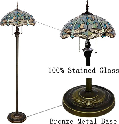 Tiffany Floor Lamp Sea Blue Stained Glass Dragonfly Style 16X16X70 Inch Antique Standing Reading Light