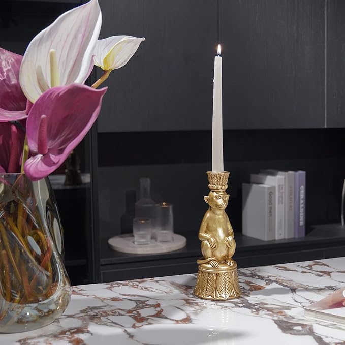 Candle Stick Holder Table Decor - Monkey Resin Modern Candlestick Holder Indoor Table Decor Animals Brass Gold Candle Stand for Living Room Home Decoration 3.25 x 3.25 x 9.25 Inch Guichifun
