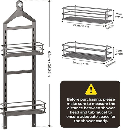 Orimade Adjustable Anti-slip Shower Caddy over Shower Head, Rustproof Bathroom Hanging Shower Organizer with 2 Hooks for Razor, No Drilling Shelves Storage Rack 2 Tier, Grey