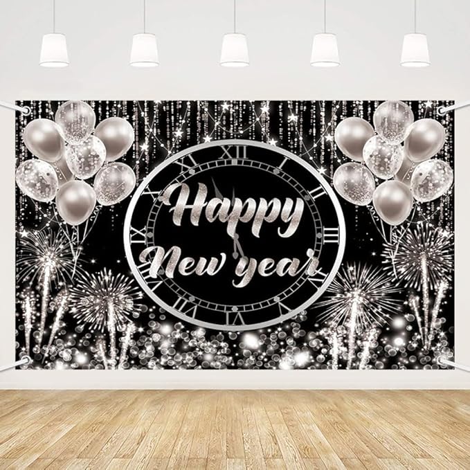 MEHOFOND Happy New Year Backdrop Hello 2026 NYE Cheers Party Decorations Sliver Black Photography Background Kiss Me at Midnight New Year's Eve Festival Party Supplies Photobooth Banner 7x5ft