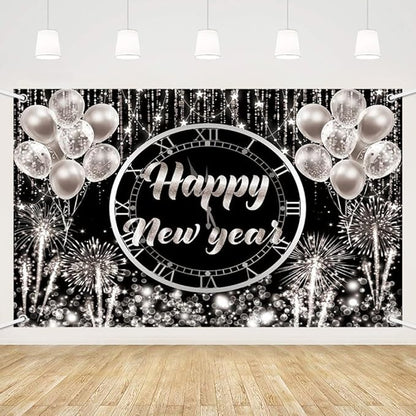 MEHOFOND Happy New Year Backdrop Hello 2026 NYE Cheers Party Decorations Sliver Black Photography Background Kiss Me at Midnight New Year's Eve Festival Party Supplies Photobooth Banner 7x5ft