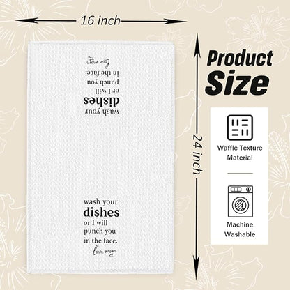 Funny Kitchen Dish Towels, Funny Gifts for Mom, Wash Your Dishes or I Will Punch You in The Face Decorative Hand Tea Towels for Kitchen Dining Room, 16x24 Inch