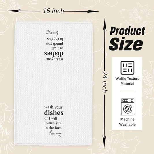 Funny Kitchen Dish Towels, Funny Gifts for Mom, Wash Your Dishes or I Will Punch You in The Face Decorative Hand Tea Towels for Kitchen Dining Room, 16x24 Inch