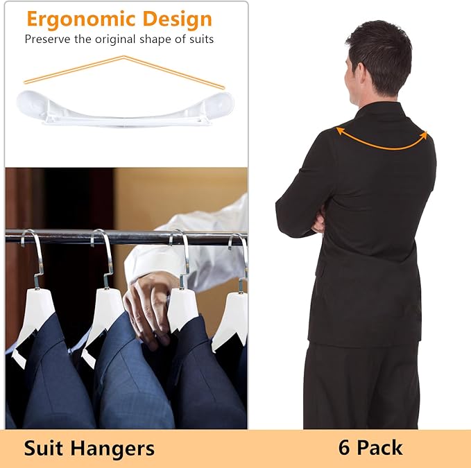 DEDU Suit Hangers for Men 6 Pack, White Coat Hangers Extra Wide Non Slip Width 17.7", Thick Plastic with Pants Bar & Metal Hook