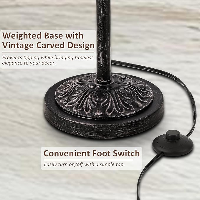 65’’ Vintage Floor Lamp for Living Room, Traditional Standing Lamp with Carved Resin Base and Foot Switch, Classic Farmhouse Tall Pole Lamp, Bedroom, Office, Bronze Finish