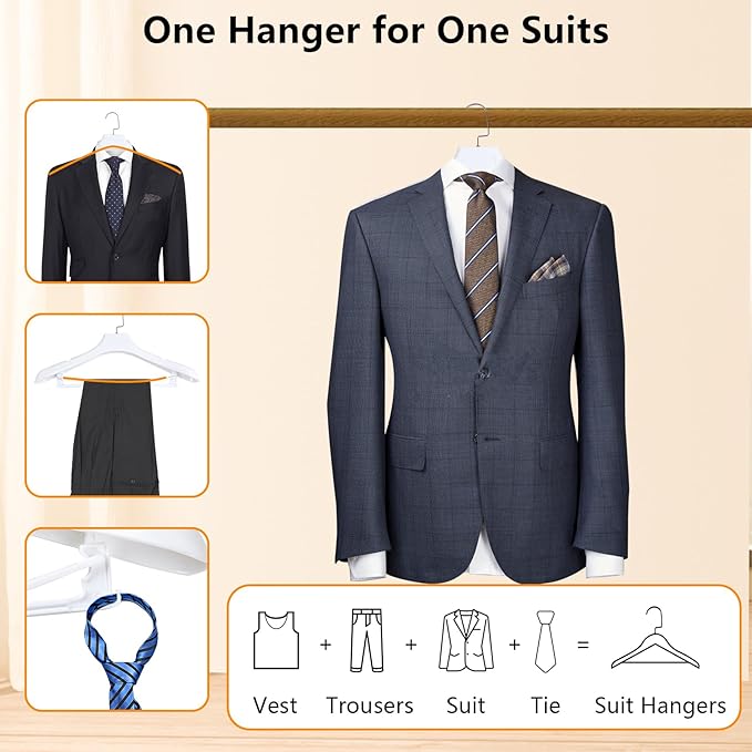 DEDU Suit Hangers for Men 6 Pack, White Coat Hangers Extra Wide Non Slip Width 17.7", Thick Plastic with Pants Bar & Metal Hook