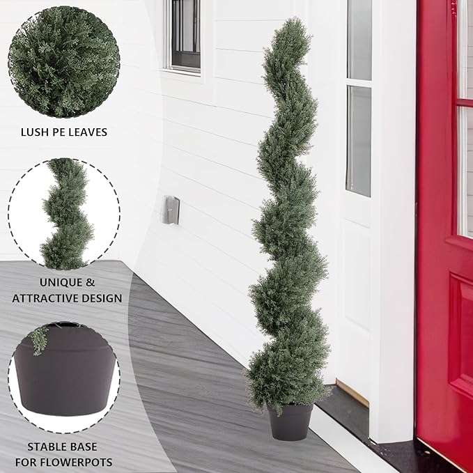 THE BLOOM TIMES 5ft Spiral Artificial Topiary Trees Set of 2, Faux Cedar Trees for Outdoor Planters - Fake Twist Cypress Plants for Garden Front Porch Indoor Outside Christmas Decor 5 Foot